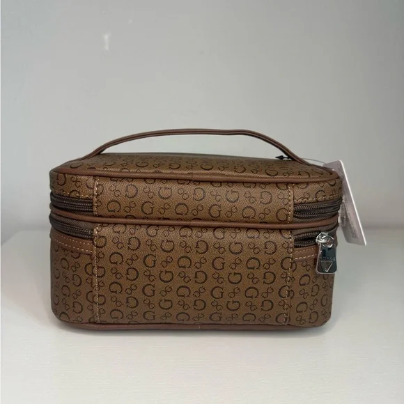 Guess Travel Cosmetic Bag Brown Logo 2 Tier Makeup Case Double Layer Organizer - Picture 3 of 8